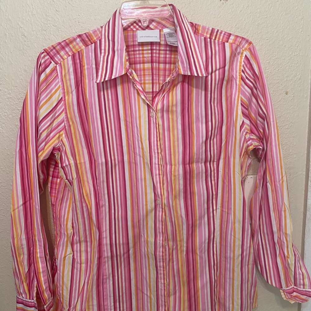 Liz Claiborne Pink and Yellow Striped Button Down Shirt